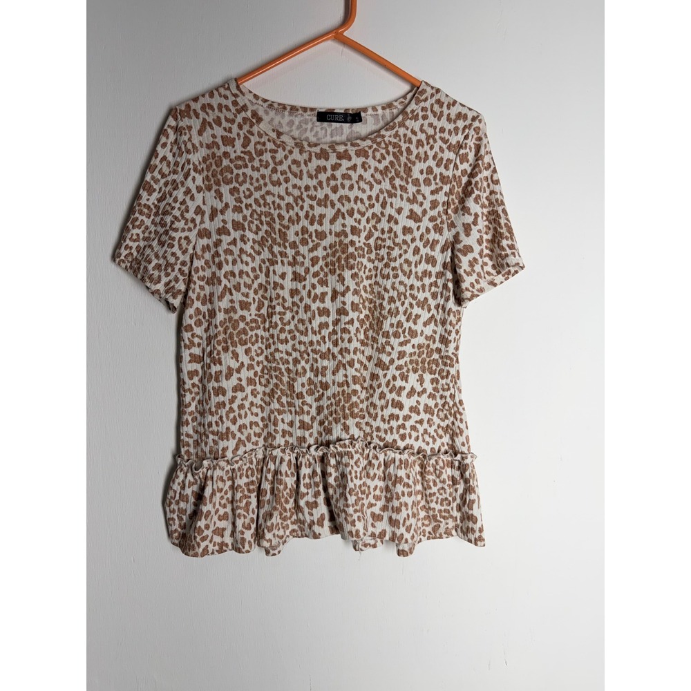 Cure Womens‎ Leopard Print Ribbed Peplum Top Brown Tan Short Sleeve Crew Neck M